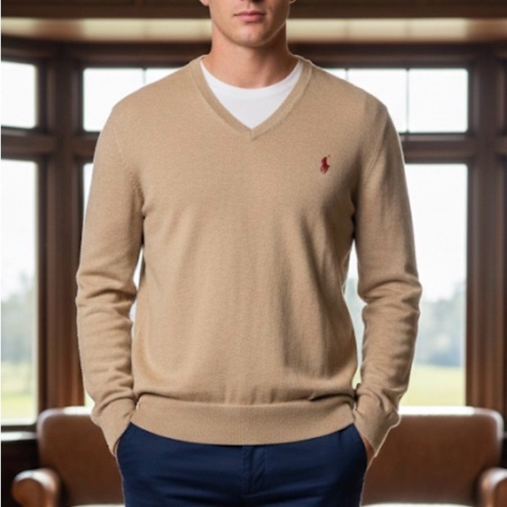 Polo by Ralph Lauren Mens L Beige 100% Pima Cotton V-Neck Pullover Sweater